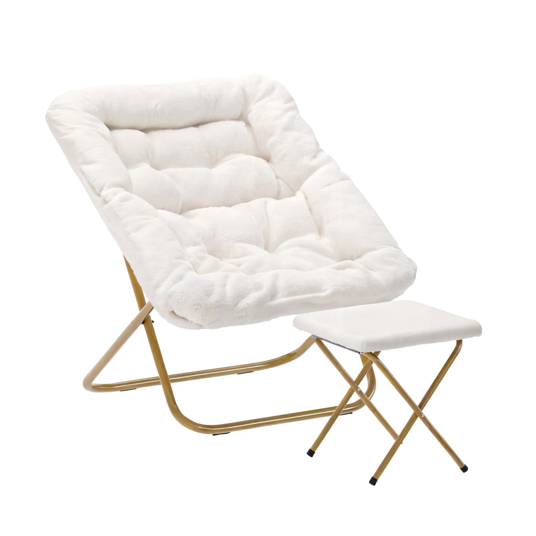 Archer 28" Oversized Portable Faux Shearling Folding Saucer Chair with Folding Ottoman for Dorm, Bedroom, Ivory Faux Shearling/Soft Gold Frame
