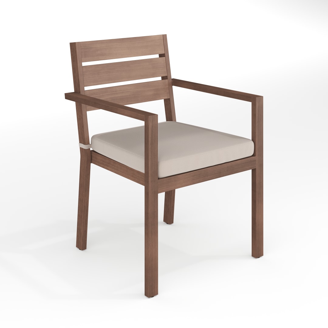 Bedford Indoor-Outdoor Stackable Patio Dining Armchair with Brown Brushed Woodgrain Aluminum Finish and Cream All-Weather Seat Cushion