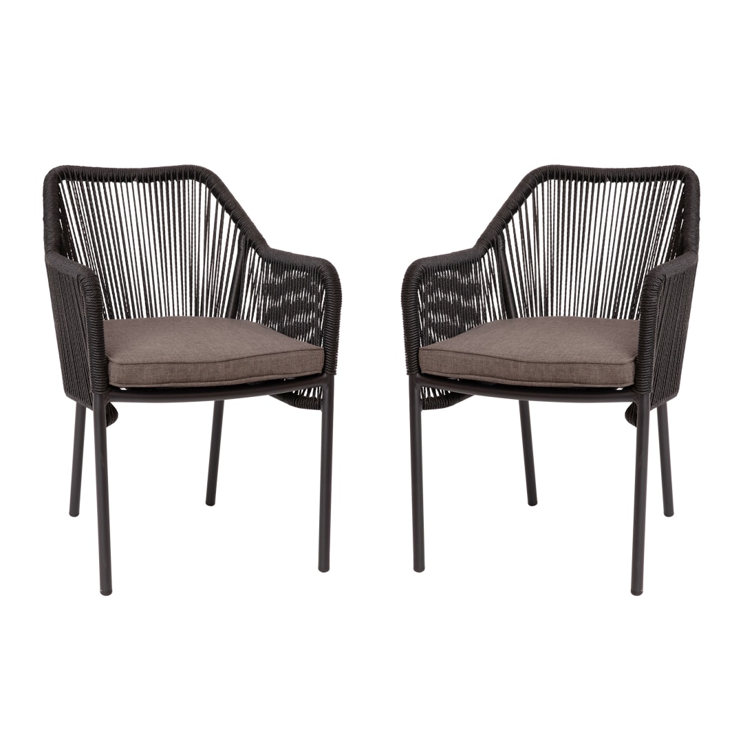 Kallie Set of 2 All-Weather Black Woven Stacking Club Chairs with Rounded Arms & Gray Zippered Seat Cushions