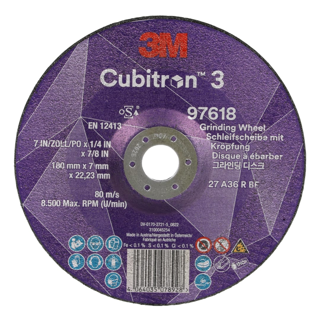 3M™ Cubitron™ 3 Bombeli Taşlama Taşı, 97618, 36+, T27, 180 mm x 7 mm x 22,23 mm, Oymaya Özel EN, 10/Paket, 20 adet/Kutu