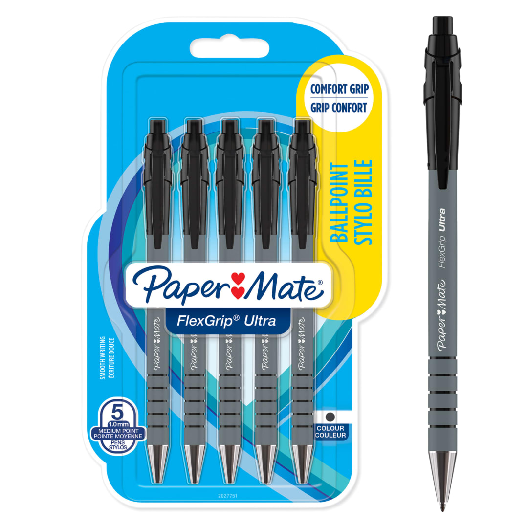 Paper Mate® FlexGrip® Ultra® Retractable Ballpoint Pens | Medium Point (1.0mm) | Black | 5 Count