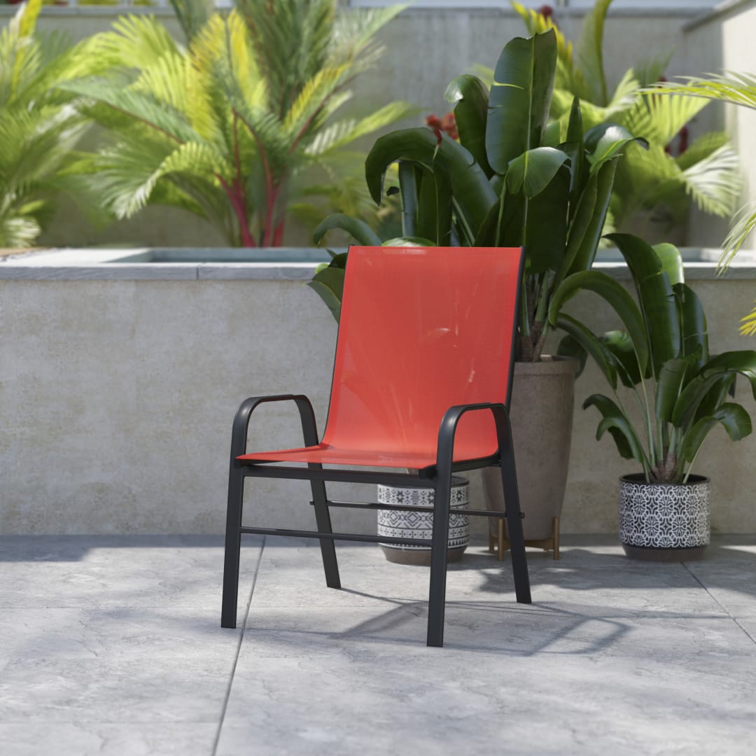 Brazos Series Red Outdoor Stack Chair with Flex Comfort Material and Metal Frame