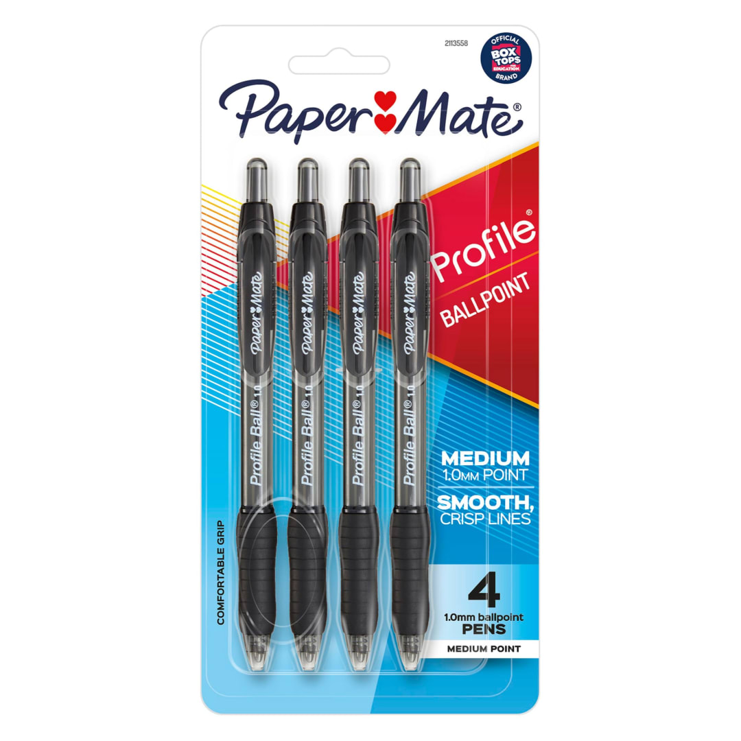 Paper Mate® Ballpoint Pen, Profile Retractable Pen, Medium Point (1.0mm), Black, 4 Count