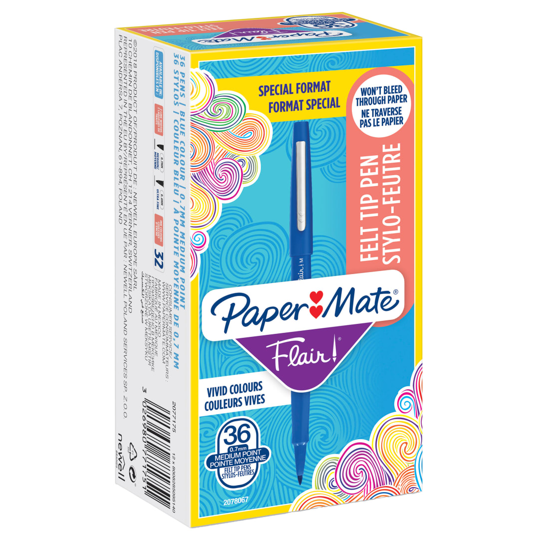 Paper Mate Flair rotuladores de punta de fieltro | punta mediana (0.7 mm) | azul | 36 unidades