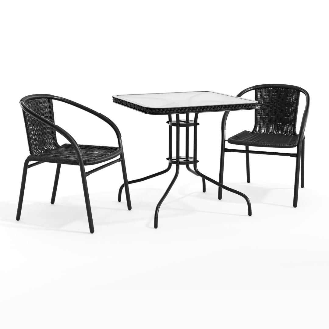 Lila 28'' Square Glass Metal Table with Black Rattan Edging and 2 Black Rattan Stack Chairs