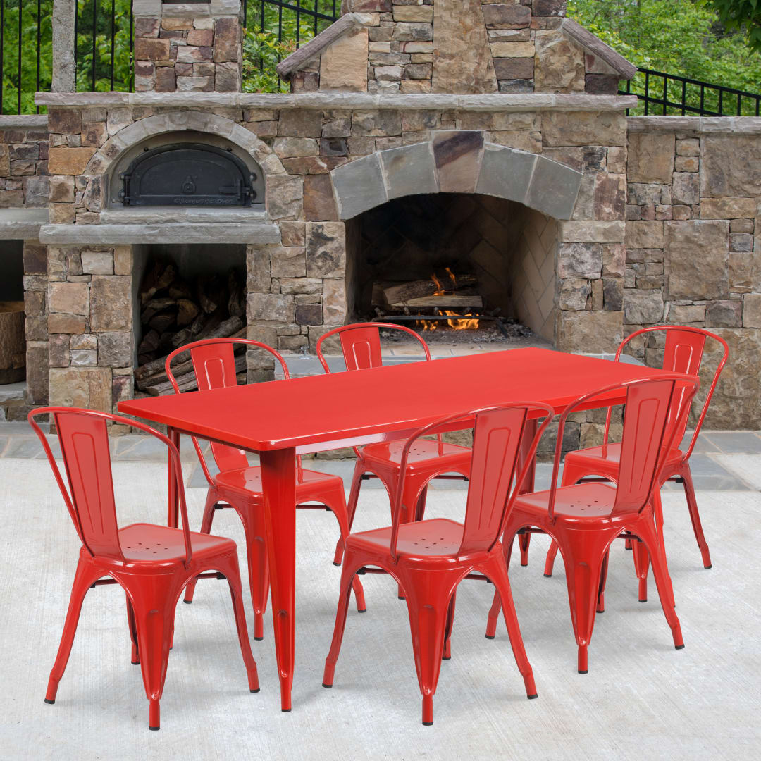 Gilbert Commercial Grade 31.5" x 63" Rectangular Red Metal Indoor-Outdoor Table Set with 6 Stack Chairs