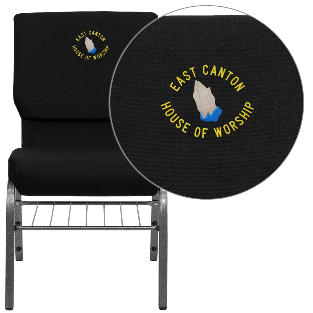 Embroidered HERCULES Series 18.5''W Church Chair in Black Fabric with Book Rack - Silver Vein Frame