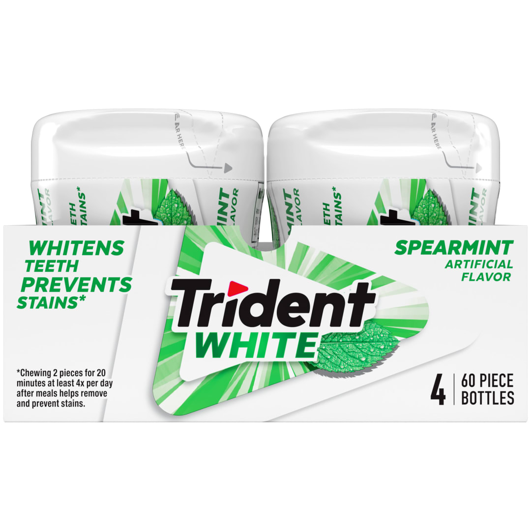 Trident White Sugar Free Chewing Gum Spearmint 60 pc Bottles - 4 Pack