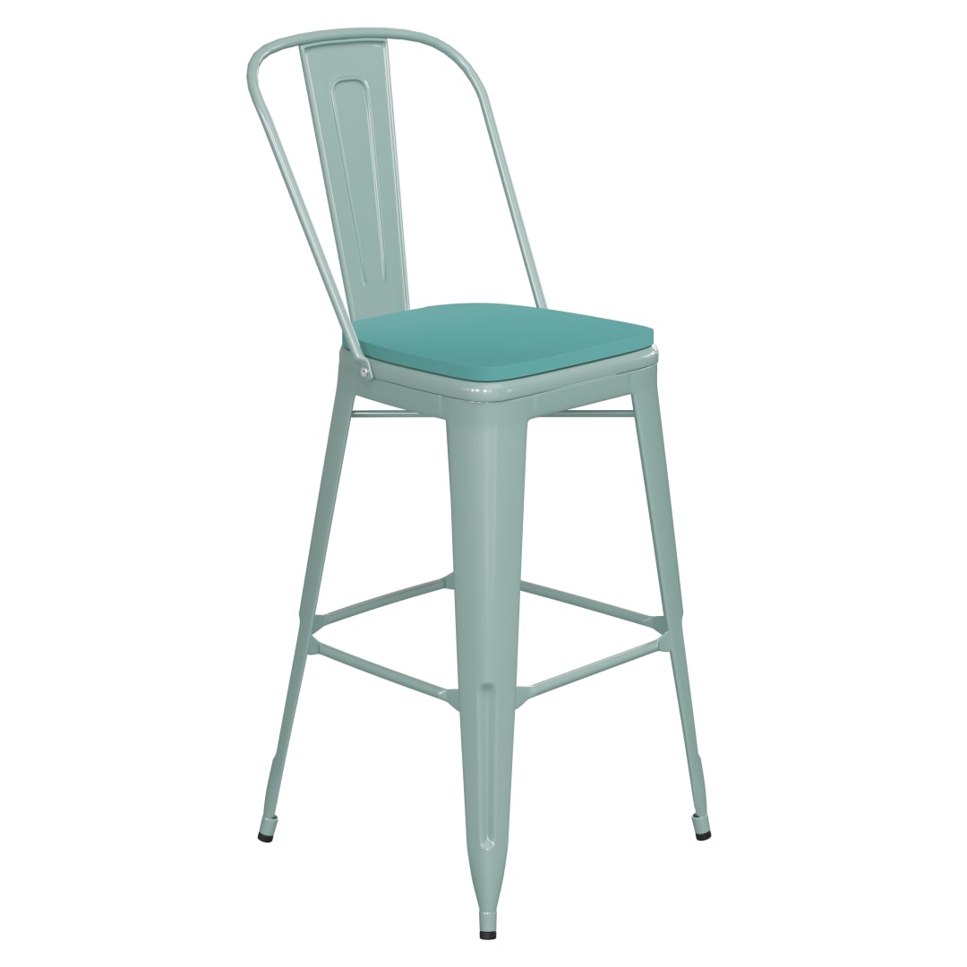 Carly Commercial Grade 30" High Mint Green Metal Indoor-Outdoor Barstool with Back with Mint Green Poly Resin Wood Seat