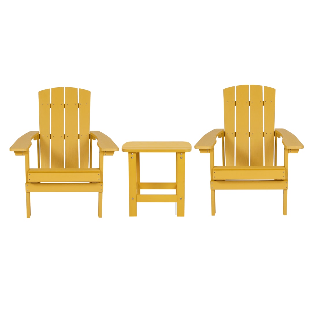 2 Pack Charlestown Commercial All-Weather Poly Resin Wood Adirondack Chairs with Side Table in Yellow