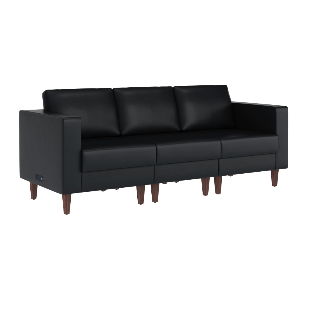 HERCULES Artemis Black LeatherSoft Reception Sofa with 4 AC Outlets/2 USB/2 USB-C Ports and Solid Wood Walnut Legs with Adjustable Floor Glides