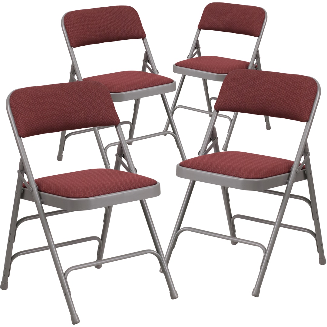 4 Pack HERCULES Series Curved Triple Braced & Double Hinged Burgundy Patterned Fabric Metal Folding Chair
