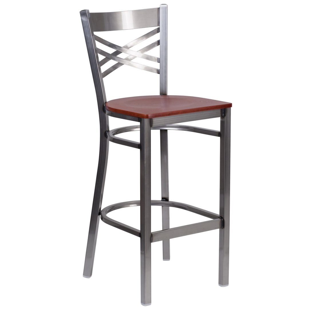 HERCULES Series Silver Antique Finish with Clear Coat ''X'' Back Metal Restaurant Barstool - Cherry Wood Seat