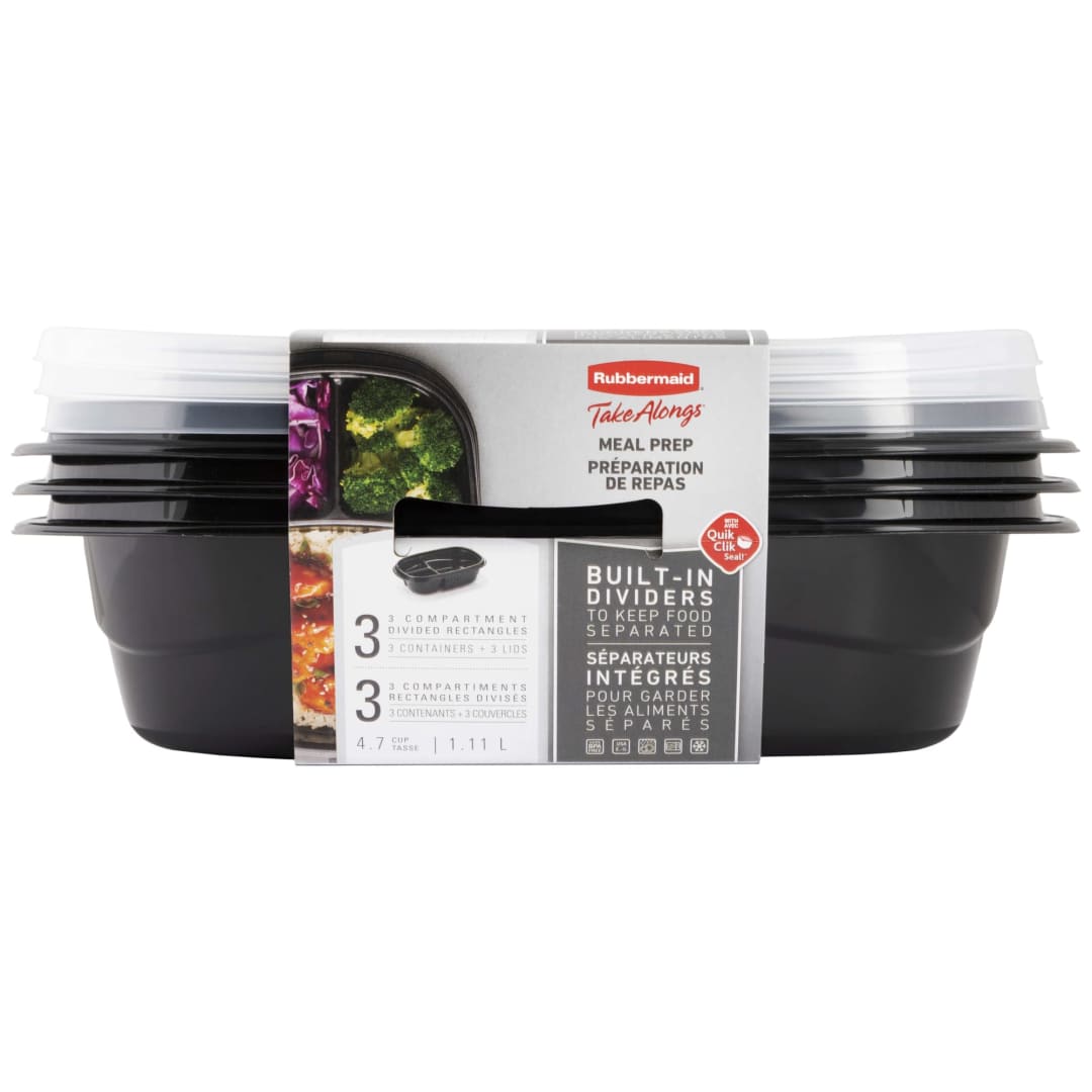 Rubbermaid® TakeAlongs® Divided Meal Prep Containers, 556 mL (2.35 Cup), Black, 3 Pack