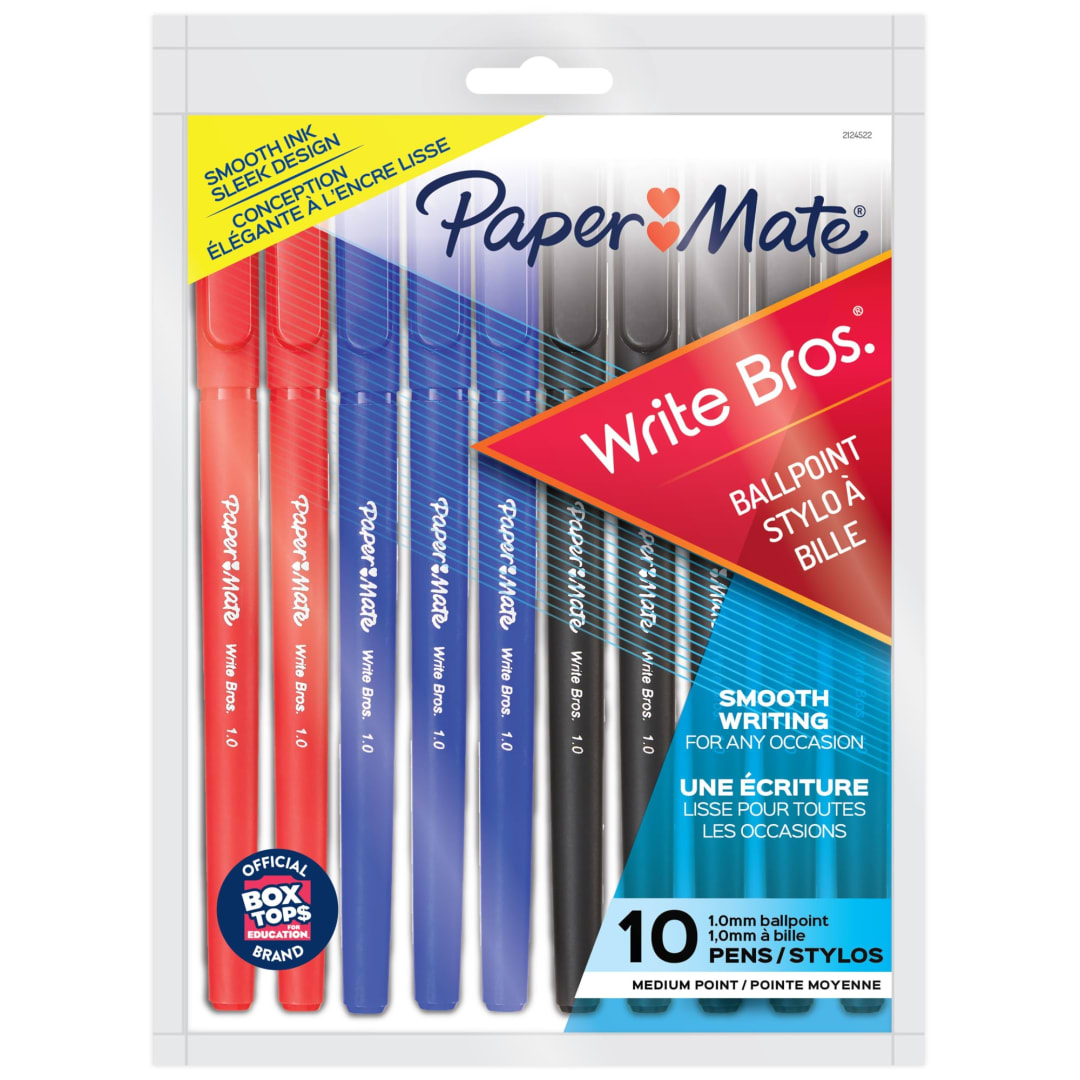 Paper Mate Ballpoint Pens, Write Bros. Assorted Color Ink Pens, Medium Point (1.0mm), 10 Count