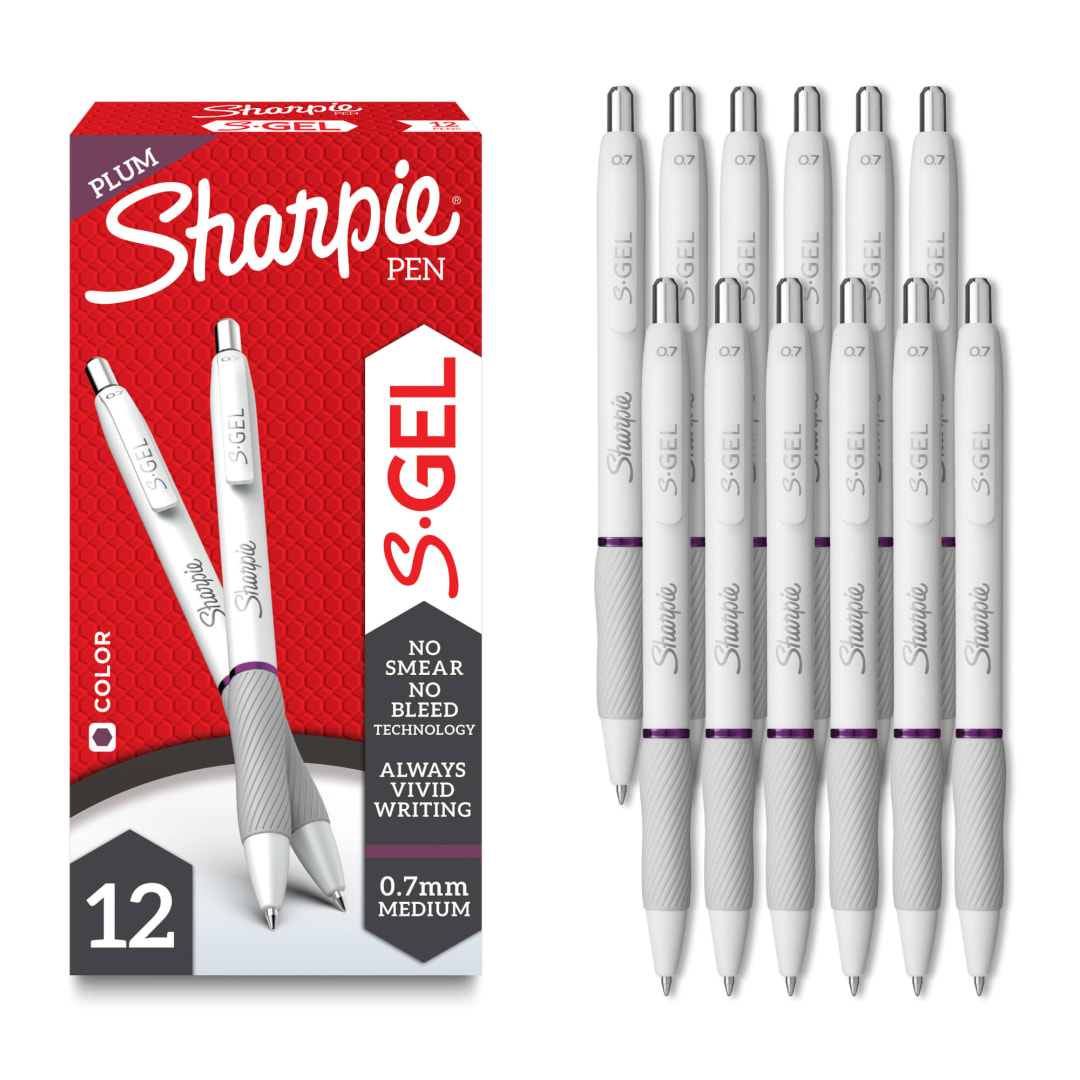 Sharpie S-Gel Pens, Pearl White Body, Medium (0.7mm) Point, Plum Ink, 12 Count