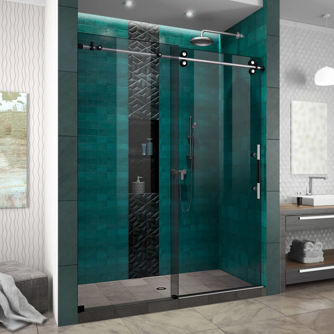 DreamLine Enigma-XO 56-60 inch W x 76 inch H Frameless Smoke Gray Glass Sliding Shower Door in Brushed Tuxedo