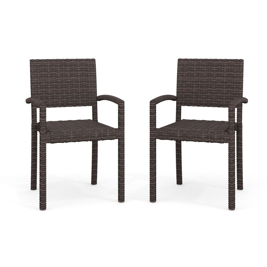 Bedford Set of 2 Indoor-Outdoor Stackable Patio Dining Armchairs in Brown Rattan Wicker