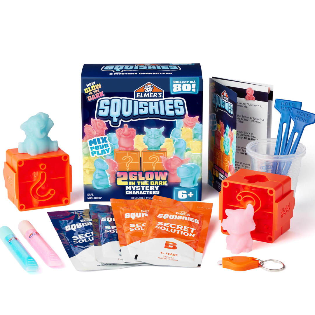 Elmer’s Squishies Kids’ Activity Kit, DIY Glow in the Dark Squishy Toy Kit Creates 2 Mystery Characters, 13 Piece Kit