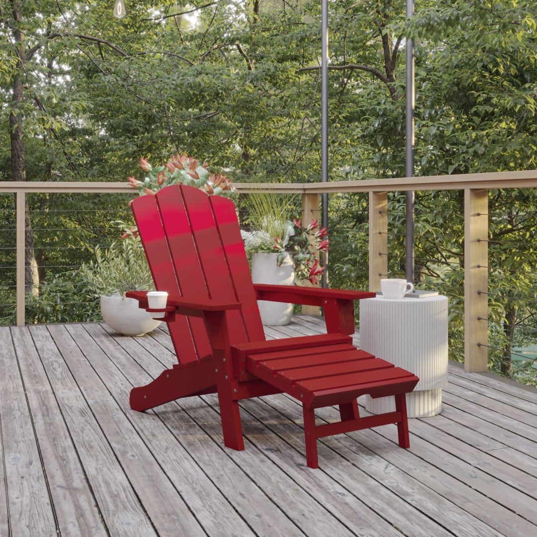Newport HDPE Adirondack Chair with Cup Holder and Pull Out Ottoman, All-Weather HDPE Indoor/Outdoor Lounge Chair in Red