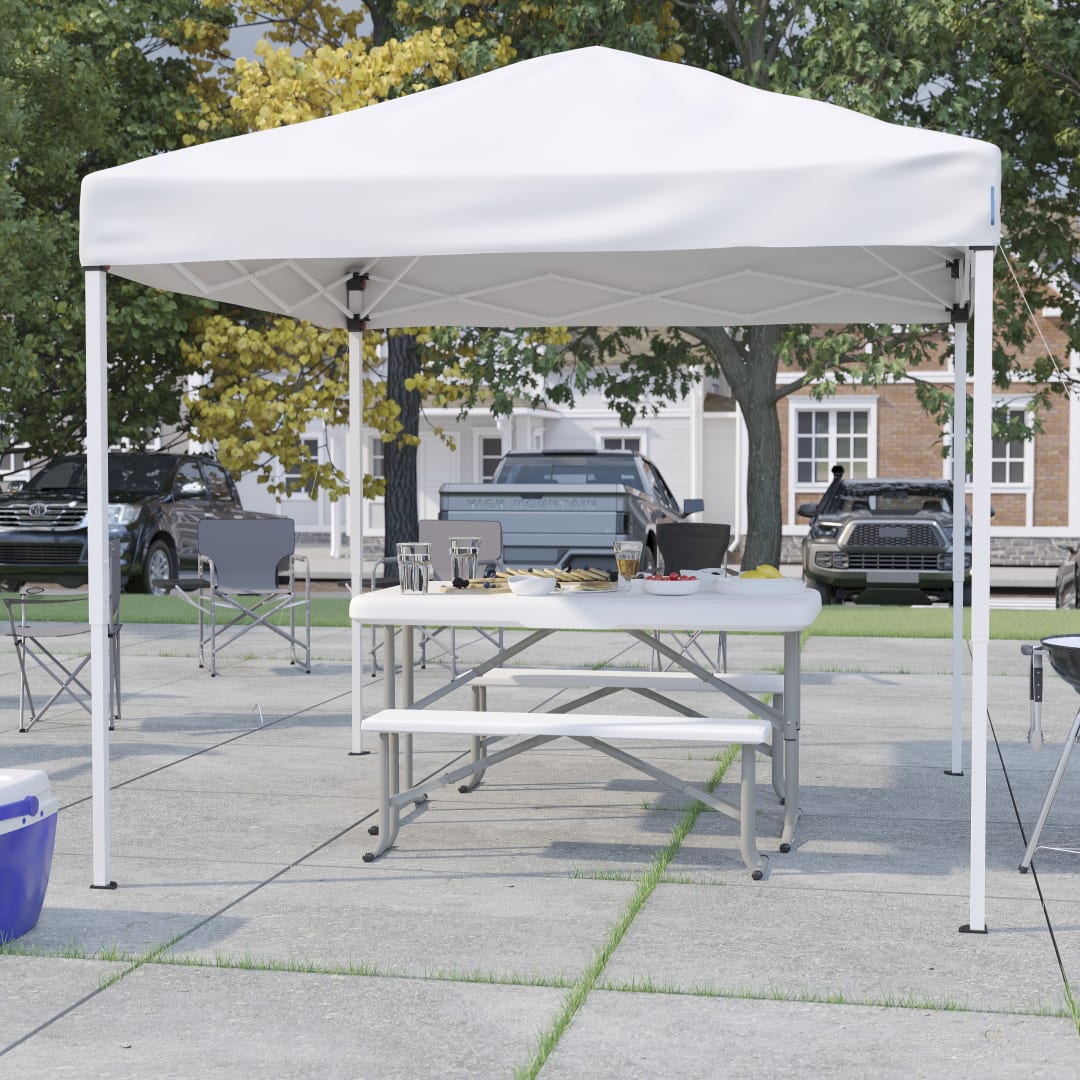 Kramer 8'x8' White Pop Up Event Canopy Tent with Carry Bag and Folding Bench Set - Portable Tailgate, Camping, Event Set
