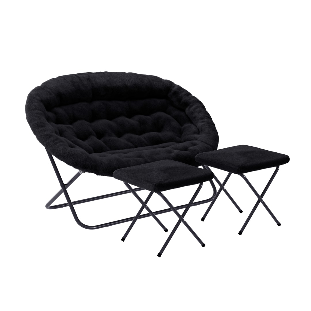 Eleanor 56" Portable Folding Double Saucer Chair with 2 Folding Ottomans Black Faux Fur with a Black Steel Frame for Dorm or Bedroom