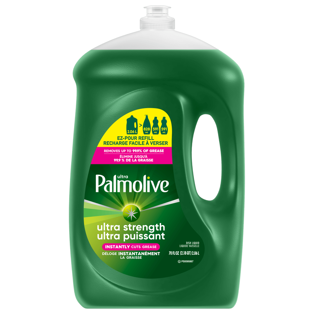 Liquide vaisselle Palmolive Ultra Strength, élimine la graisse et la saleté, sans trempage, action puissante sur les plastiques, liquide vaisselle, bouteille de recharge EZ-Pour de 2,06 L