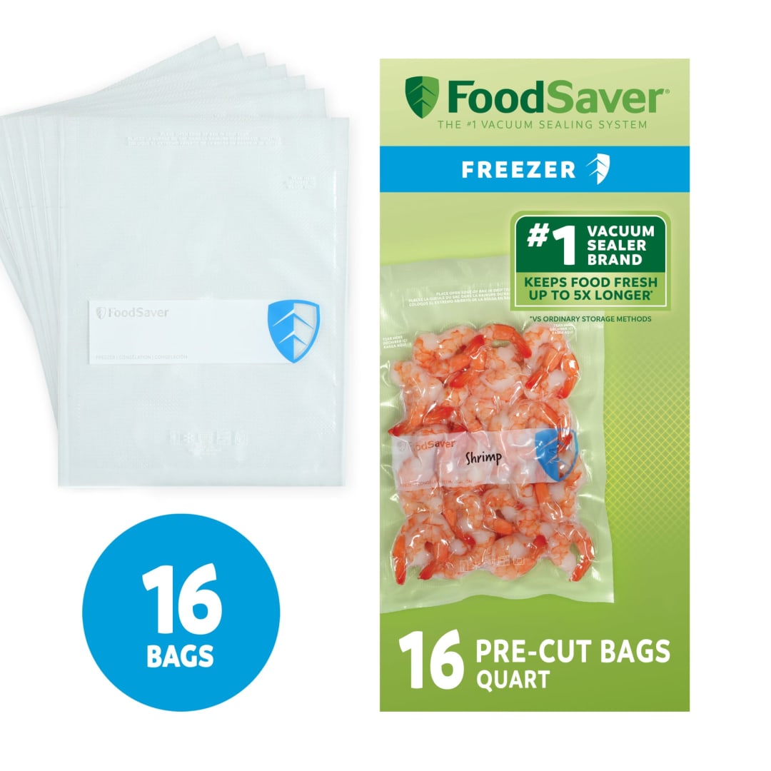 FoodSaver Quart Vacuum Seal Bags, 16 Count Pre-Cut BPA-Free Freezer Bags, Align to Seal & Tear to Open for Food Freezer, Sous Vide, and Meal Prep