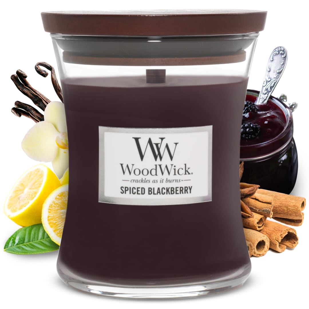 WoodWick® Medium Hourglass Scented Candle | Spiced Blackberry | with Crackling Wick | Up to 60 Hours Burn Time