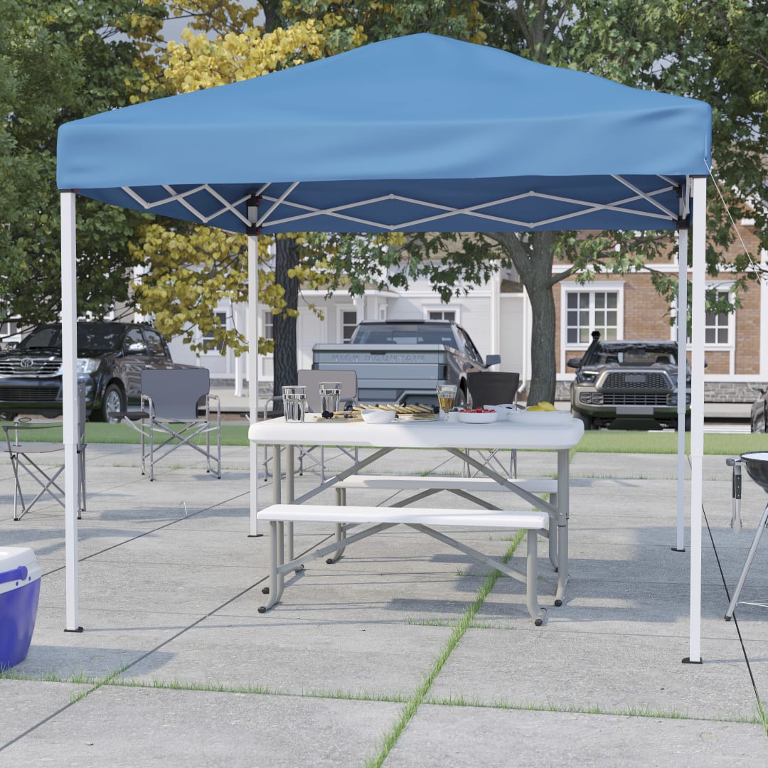 Kramer 8'x8' Blue Pop Up Event Canopy Tent with Carry Bag and Folding Bench Set - Portable Tailgate, Camping, Event Set