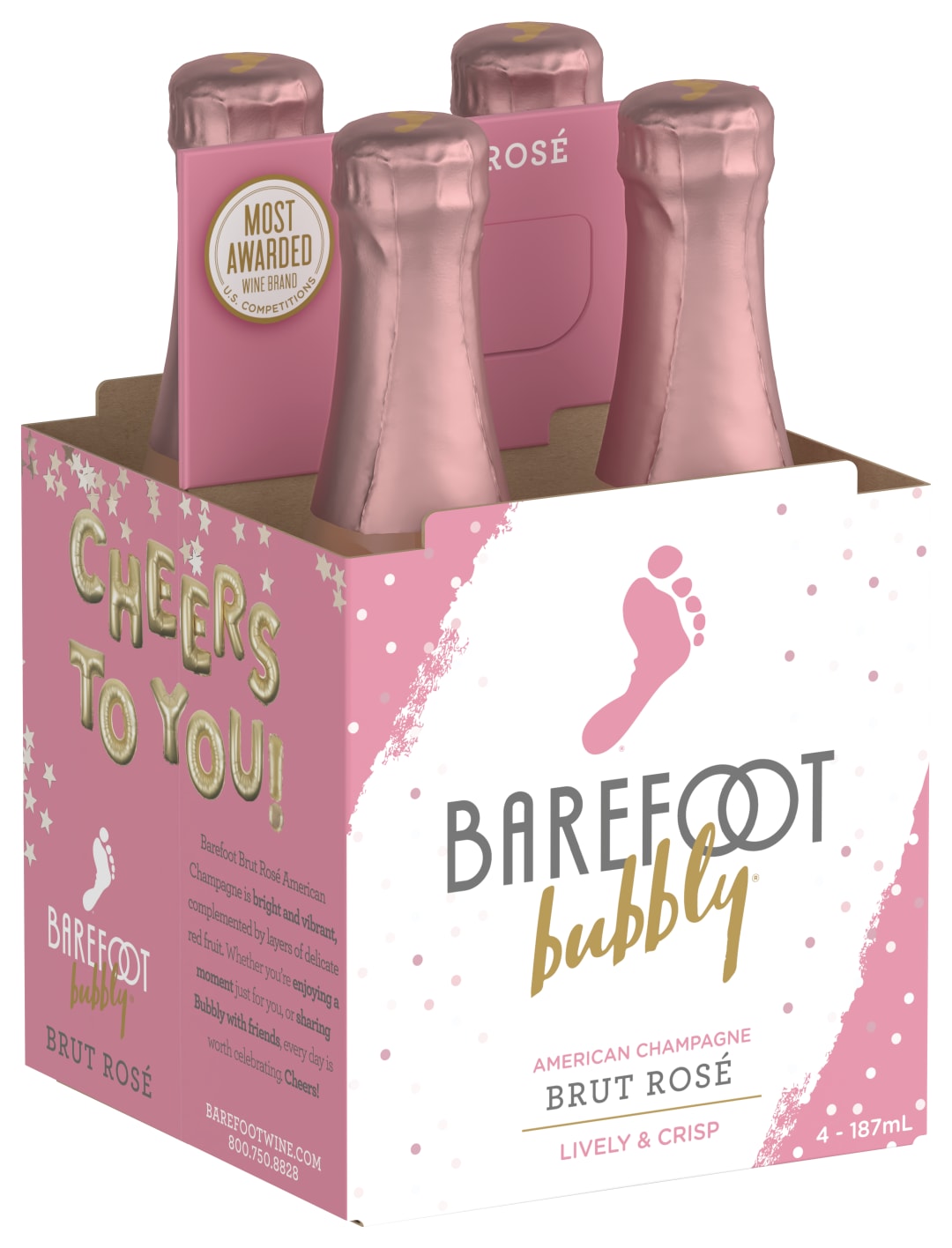 Barefoot Bubbly Brut Rosé Champagne Sparkling Wine 4 Single Serve 187ml Bottles