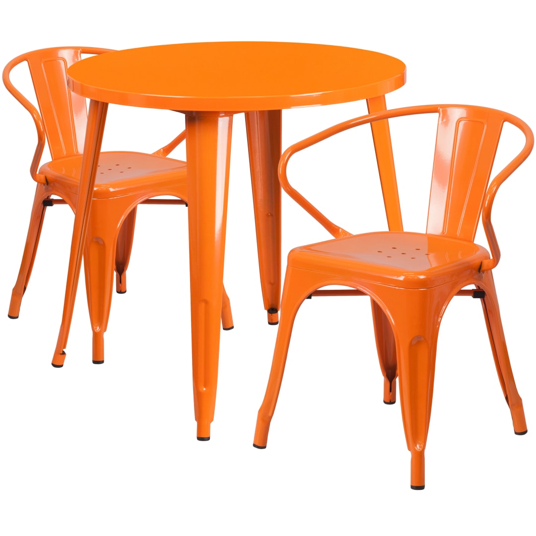 Conrad  Commercial Grade 30" Round Orange Metal Indoor-Outdoor Table Set with 2 Arm Chairs