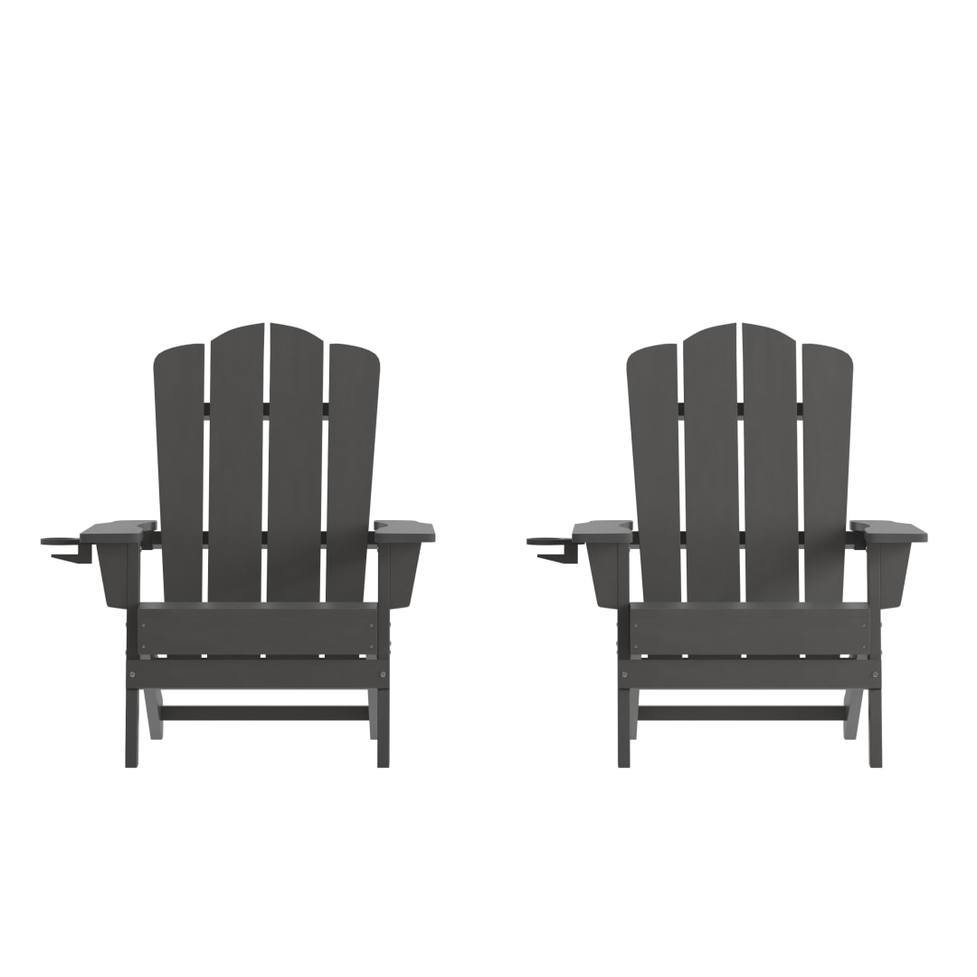 Newport Adirondack Chair with Cup Holder, Weather Resistant HDPE Adirondack Chair in Gray, Set of 2
