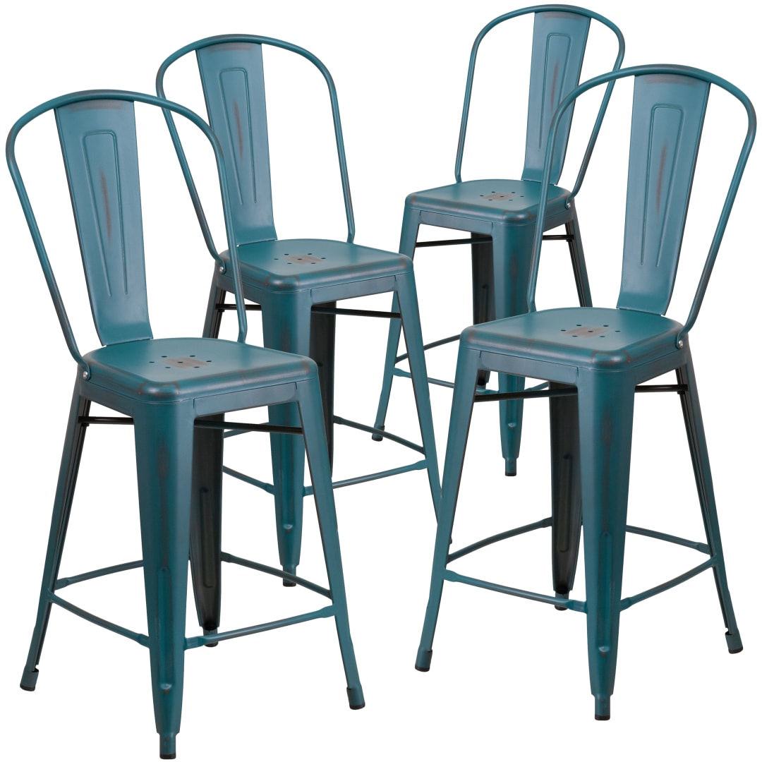 Blake Commercial Grade 4 Pack 24" High Distressed Kelly Blue-Teal Metal Indoor-Outdoor Counter Height Stool with Back