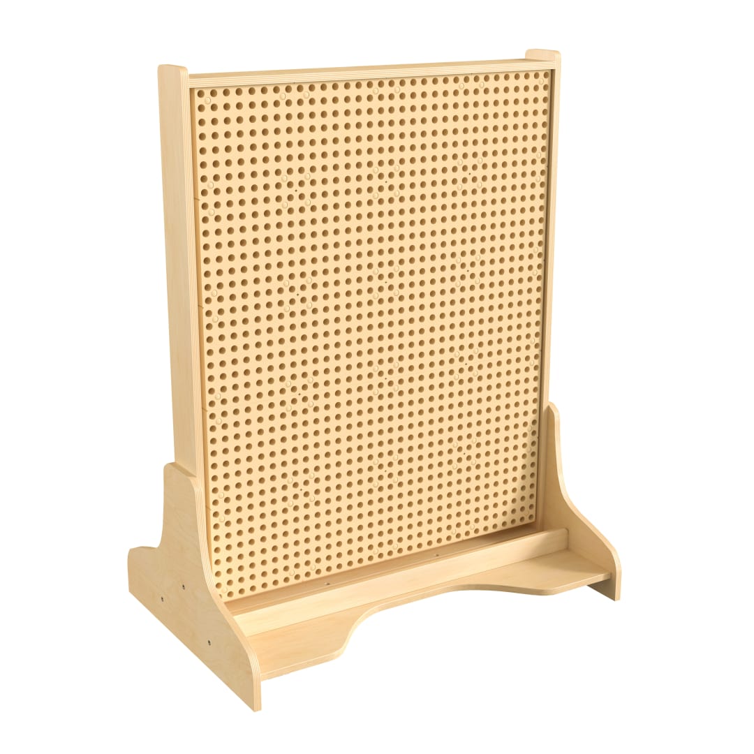 Bright Beginnings Commercial Grade Natural Finish Wooden Double Sided Freestanding STEAM Wall Base with Peg Panels