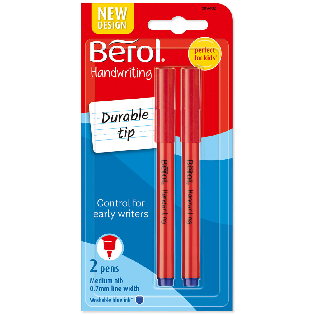 Berol Handwriting Pens | Round Shape | Washable Blue Ink | Bright Barrels | 2 Count