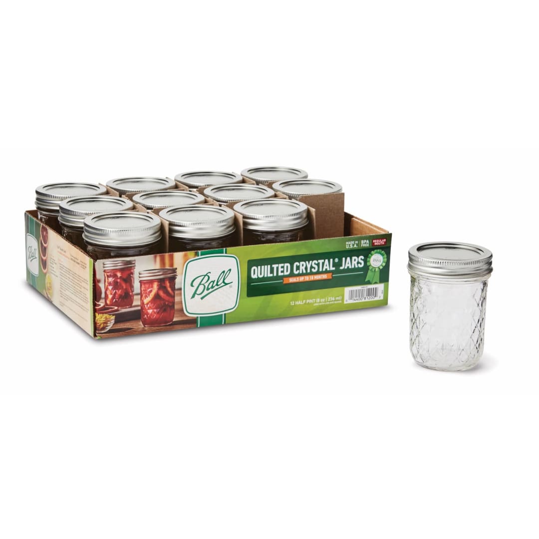 Ball® Quilted Crystal Regular Mouth Half-Pint 8oz. Glass Mason Jar with Lids and Bands, 12 Count