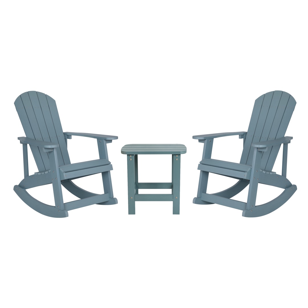 Set of 2 Savannah Commercial Grade All-Weather Poly Resin Wood Adirondack Rocking Chairs with Side Table in Sea Foam