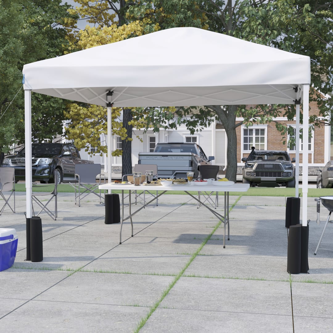 Otis 10'x10' White Pop Up Canopy Tent with Wheeled Case and 6-Foot Bi-Fold Folding Table with Carrying Handle - Tailgate Tent Set