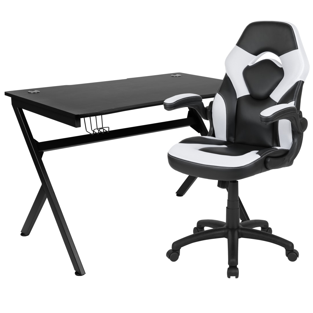Optis Black Gaming Desk and White/Black Racing Chair Set with Cup Holder, Headphone Hook &amp; 2 Wire Management Holes