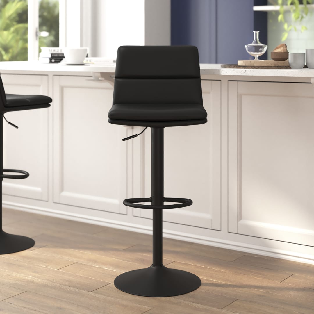 Hughes Commercial Grade Modern Mid-Back Adjustable Height LeatherSoft Channel Stitched Barstools, Set of 2, Black