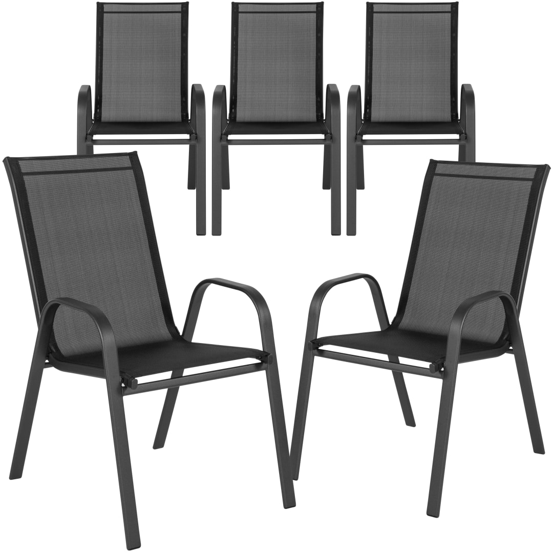 5 Pack Brazos Series Black Outdoor Stack Chair with Flex Comfort Material and Metal Frame