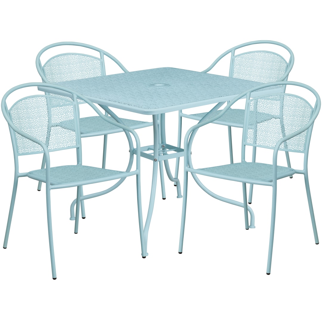 Oia Commercial Grade 35.5" Square Sky Blue Indoor-Outdoor Steel Patio Table Set with 4 Round Back Chairs