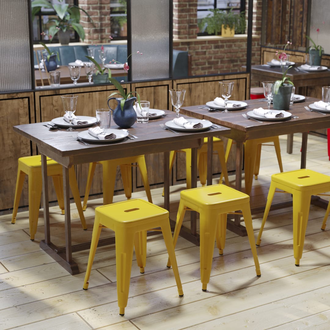 18" Table Height Stool, Stackable Backless Metal Indoor Dining Stool, Commercial Grade Restaurant Stool in Yellow - Set of 4