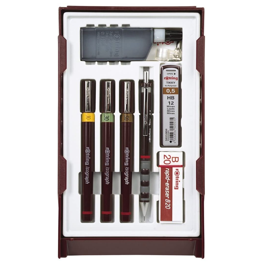 rOtring Isograph Pen Set Technical Pen & Pencil College Set | 3 Pens (0.20mm, 0.30mm, 0.50mm) and Mechanical Pencil (0.5mm) + Accessories