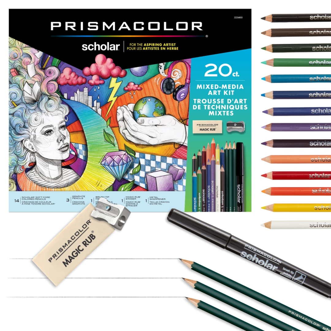 Prismacolor Scholar Mixed Media Art Set, Art Supplies Including Colored Pencils, Brush Tip Markers, Graphite Pencils, 20 Count