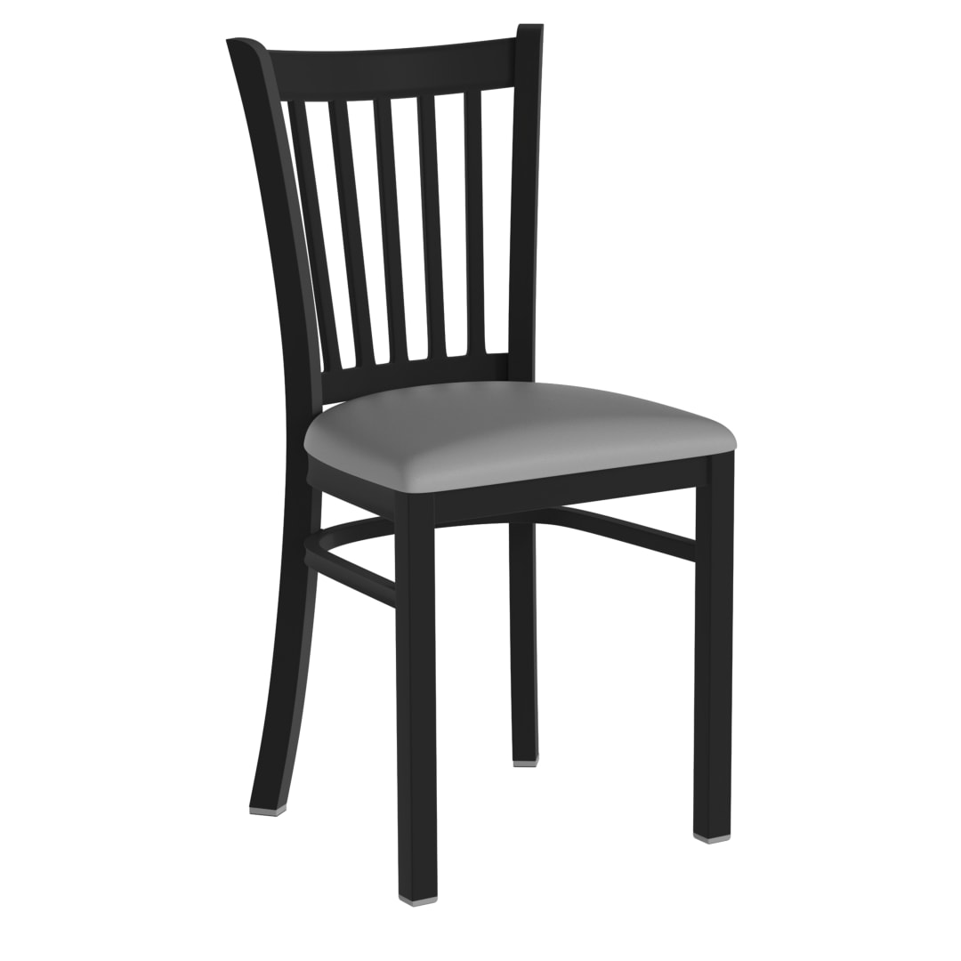 HERCULES Black Vertical Back Metal Restaurant Chair - Gray Vinyl Seat