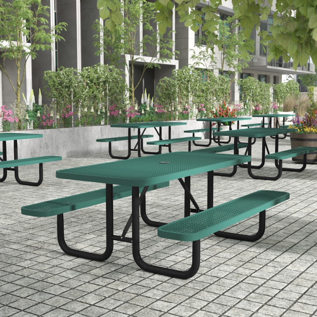 Mantilla 6' Rectangular Outdoor Picnic Table with Commercial Heavy Gauge Green Expanded Metal Mesh Top and Seats and Black Steel Frame