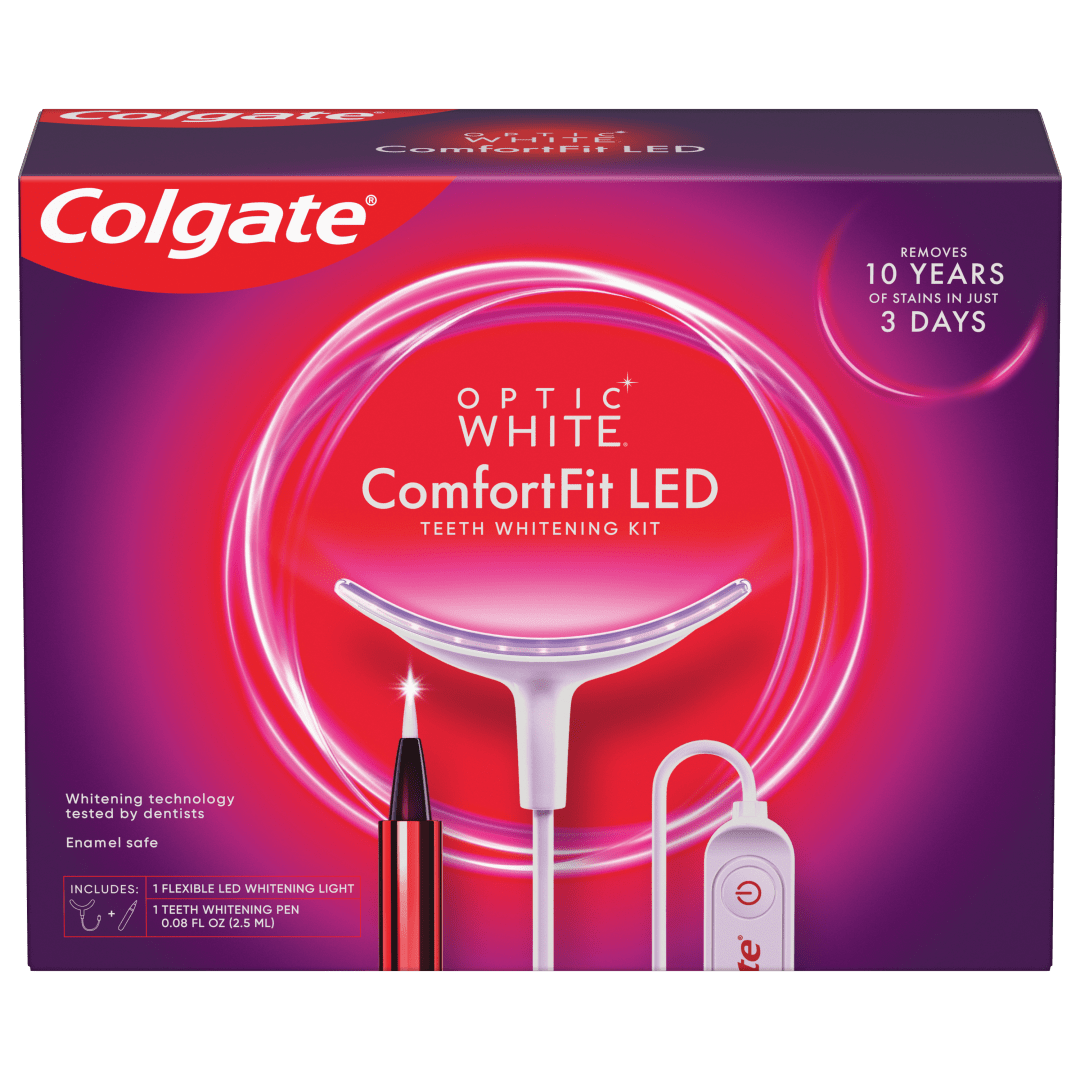 Colgate Optic White ComfortFit LED Teeth Whitening Kit, Hydrogen Peroxide Teeth Whitening Gel Kit, Helps Remove 10 Years of Stains, Enamel Safe, Includes Whitening Pen and Flexible LED Light