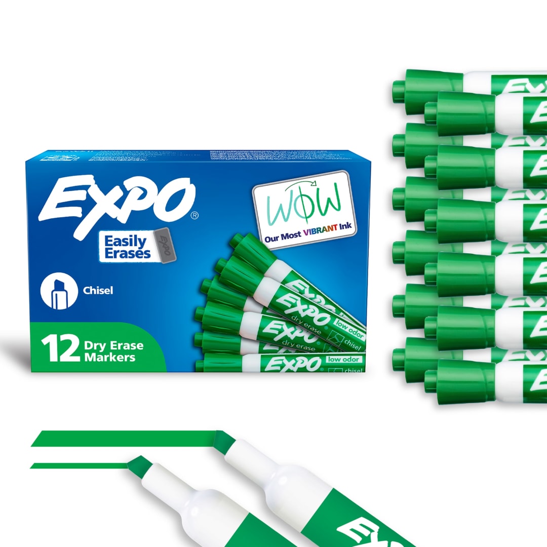 EXPO Dry Erase Markers, Low Odor Ink, Green, Chisel Tip, 12 Count